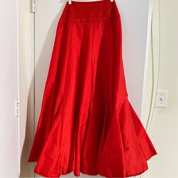 New Free People FP ONE Party Maxi Skirt Taffeta Embellished Waist Band 2 Red - Picture 6 of 16